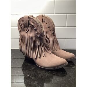 Very Volatile Leather Deerwood Fringe Western Boots Taupe Brown 7.5